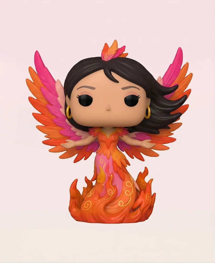 Art toy La Fénix, diseño original de Málaga Makers: guerrera con alas y vestido de fuego en tonos naranja y rosa